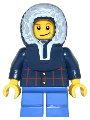 Plaid Button Shirt, Blue Short Legs, Dark Blue Hood, Lopsided Smile with Dimple