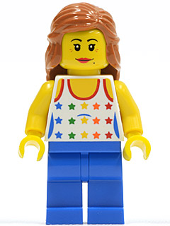 Shirt with Female Rainbow Stars Pattern, Blue Legs, Dark Orange Female Hair Mid-Length