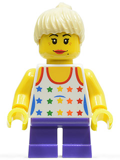 Shirt with Female Rainbow Stars Pattern, Dark Purple Short Legs, Tan Ponytail Hair