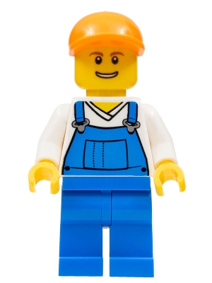 Overalls Blue over V-Neck Shirt, Blue Legs, Orange Short Bill Cap