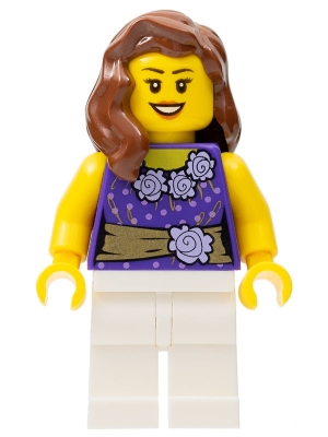 Female Dark Purple Blouse with Gold Sash and Flowers, White Legs