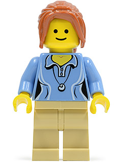 Medium Blue Female Shirt with Two Buttons and Shell Pendant, Tan Legs, Dark Orange Hair Ponytail Long with Side Bangs