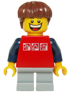 Red Shirt with 3 Silver Logos, Dark Blue Arms, Light Bluish Gray Short Legs, Reddish Brown Hair
