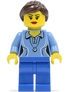 Medium Blue Female Shirt with Two Buttons and Shell Pendant, Blue Legs, Dark Brown Ponytail and Swept Sideways Fringe