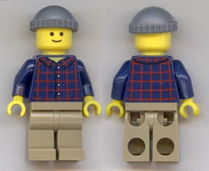 Plaid Button Shirt with Back Print, Dark Tan Legs, Dark Bluish Gray Knit Cap, Standard Grin (Pool Player)