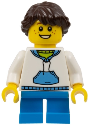 Child - Girl, White Hoodie with Medium Blue Pocket, Dark Azure Short Legs, Dark Brown Braided Ponytail, Freckles