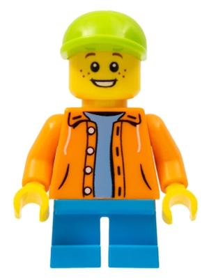 Boy - Orange Jacket with Hood over Light Blue Sweater, Dark Azure Short Legs, Lime Cap