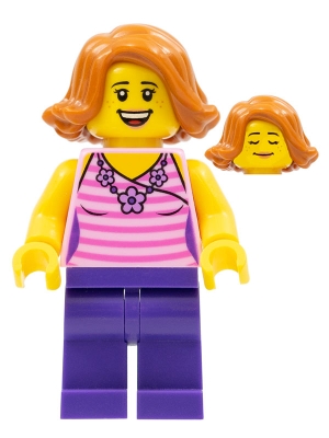 Woman, Striped Pink Shirt with Flower Necklace, Dark Purple Legs, Dark Orange Female Hair Short Swept Sideways