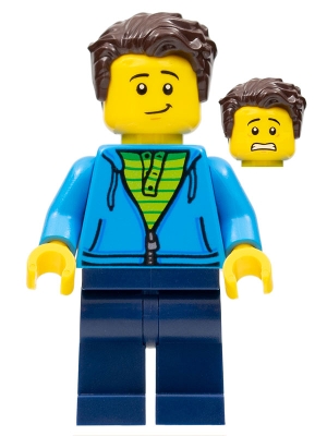 Man, Dark Azure Hoodie with Green Striped Shirt, Dark Blue Legs, Dark Brown Hair