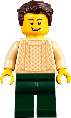 Man with Dark Brown Hair, Tan Sweater and Dark Green Legs
