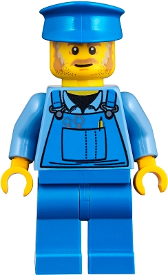 Mechanic - Male, Blue Overalls over Medium Blue Shirt, Blue Legs, Blue Police Hat, Dark Tan Moustache and Sideburns, No Back Print