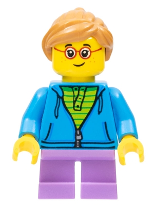 Child - Girl, Dark Azure Hoodie, Medium Lavender Short Legs, Medium Nougat Ponytail Hair, Glasses, Freckles