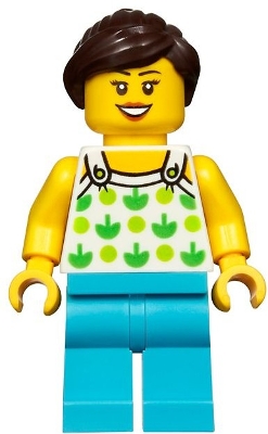 Female, White Halter Top with Green Apples and Lime Spots, Medium Azure Legs, Dark Brown Ponytail