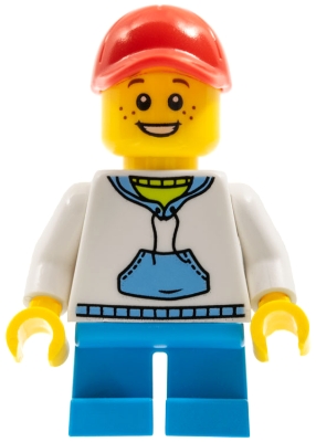 Child - Boy, White Hoodie with Medium Blue Pocket, Dark Azure Short Legs, Red Cap, Freckles