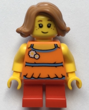 Child - Girl, Orange Halter Top with Flowers, Red Short Legs, Medium Nougat Hair, Freckles