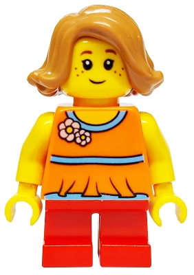 Child - Girl, Orange Halter Top with Flowers and Low Back, Red Short Legs, Medium Nougat Hair, Freckles
