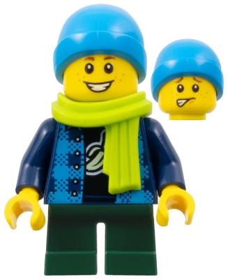 Child - Boy, Flannel Vest over Shirt with Banana, Dark Green Short Legs, Dark Azure Beanie, Freckles, Lime Scarf