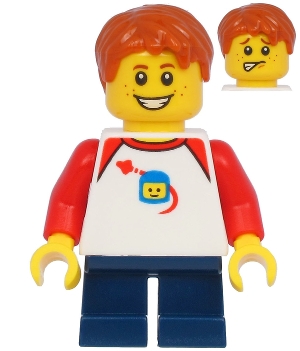 Boy with Classic Space Shirt with Red Sleeves, Dark Blue Short Legs, Dark Orange Hair