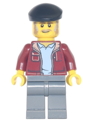 Man, Dark Red Jacket with Bright Light Blue Shirt, Dark Bluish Gray Legs, Black Beret, Moustache and Sideburns (Vintage Taxi Driver)