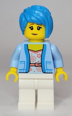 Woman - Bright Light Blue Jacket over White Shirt with Coral Flowers, White Legs, Dark Azure Tousled Hair