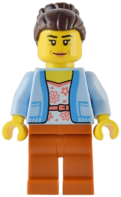 Club Owner / Manager - Female, Bright Light Blue Jacket over White Shirt with Coral Flowers, Dark Orange Legs, Dark Brown Hair with Bun