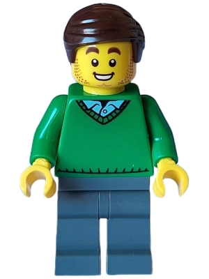 Mover - Male, Green V-Neck Sweater, Dark Bluish Gray Legs, Dark Brown Hair
