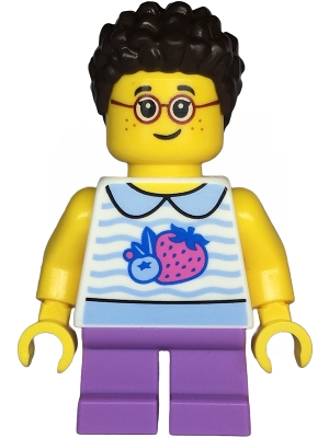 Child - Girl, White Collared Shirt with Fruit, Medium Lavender Short Legs, Dark Brown Short Coiled Hair, Glasses, Freckles