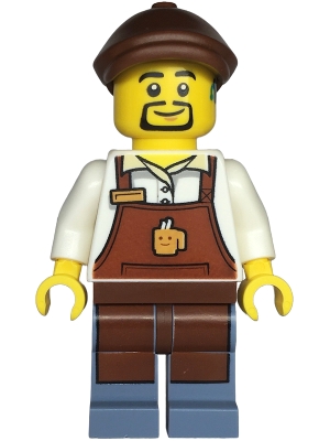 Barista - Male, Reddish Brown Apron with Cup and Name Tag, Sand Blue Legs, Reddish Brown Flat Cap, Hearing Aid