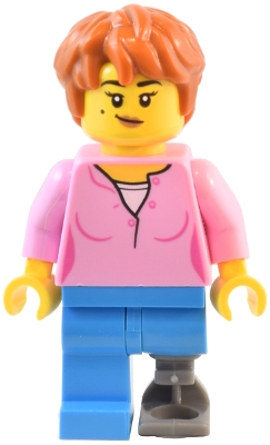 Natural History Museum Visitor - Female, Bright Pink Shirt, Dark Azure Legs with Prosthetic Leg, Dark Orange Thick Messy Hair