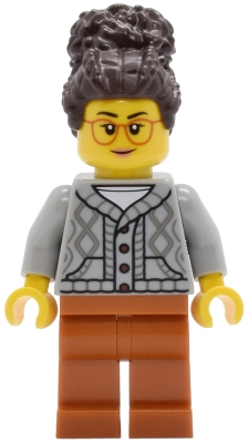 Tudor House Inn Owner - Light Bluish Gray Knit Cable Cardigan Sweater, Dark Orange Legs, Dark Brown Coiled Hair with Bun