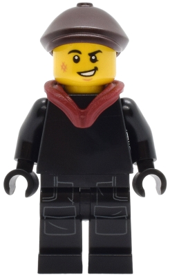 Tudor House Chimney Sweep - Black Torso and Legs with Dark Bluish Gray Pockets, Dark Brown Flat Cap, Dark Red Hood Folded Down