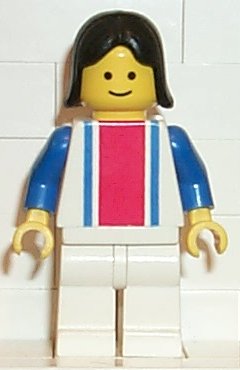 Vertical Lines Red & Blue - Blue Arms - White Legs, Black Female Hair