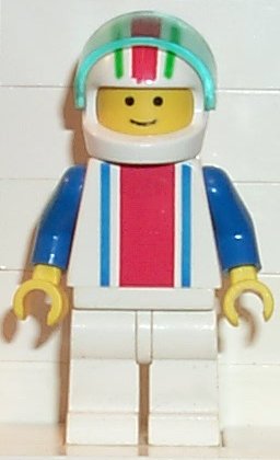 Vertical Lines Red & Blue - Blue Arms - White Legs, White Red/Green Striped Helmet, Trans-Light Blue Visor