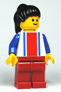 Vertical Lines Red & Blue - Blue Arms - Red Legs, Black Ponytail Hair