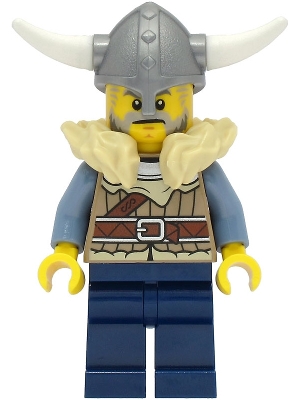 Viking Warrior - Male, Dark Tan Jacket with Tan Fur, Dark Blue Legs, Flat Silver Helmet