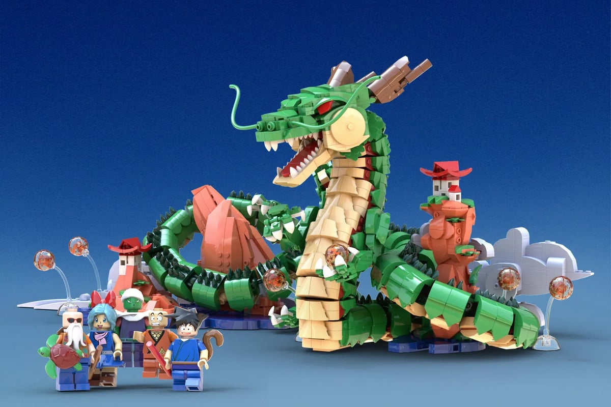 Fanowski model Shenrona z LEGO Ideas, obok minifigurki bohaterów Dragon Balla